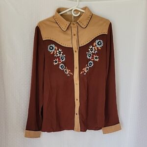 JOHN MOON Women's Embroidered Western Long Sleeve Button Down Shirt XL